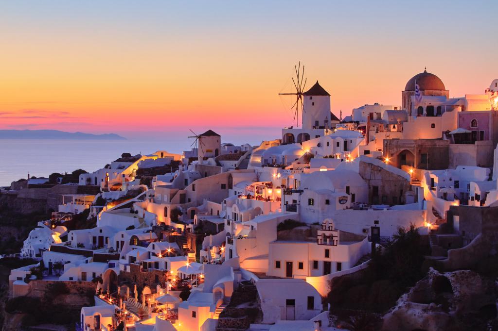 Traditional white buildings facing Mediterranean Sea in Oia